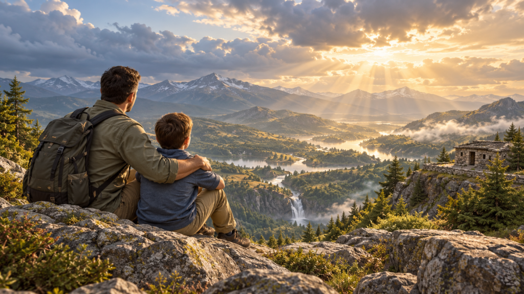 A father and son quietly reflecting on a vast mountain landscape after a storm, illustrating faith in Jehovah’s power, loyal love, and justice.